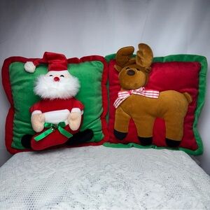 RARE 2 Handmade Christmas Throw Pillows Santa & Reindeer Red Green Fleece‎ 12x12